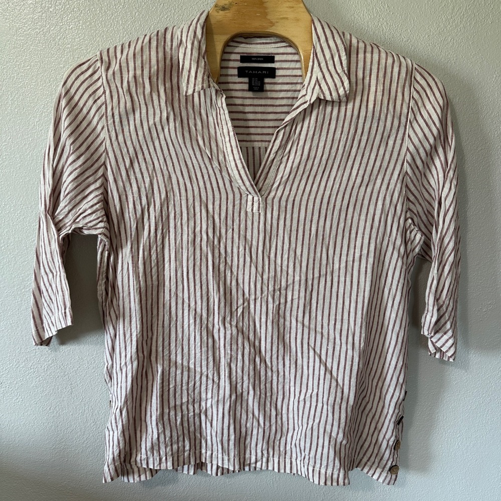 Tahari Linen Tunic Top Red Striped 3/4 Sleeve Split Neck Collared Womens Size 2X